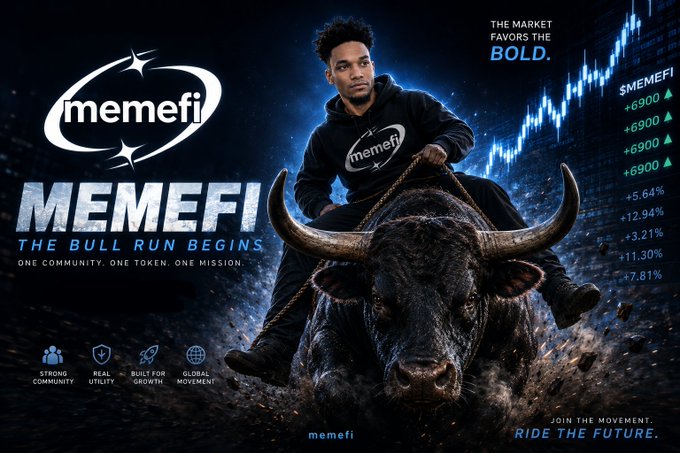memefi character riding a charging bull against glowing market charts